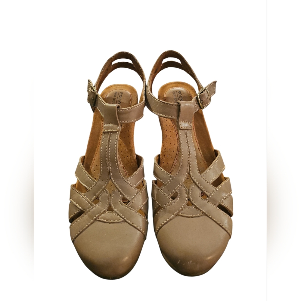 Cobb Hill Rockport Aubrey T Strap Sandals Taupe Beige Leather Sz 9.5 SH134 - Picture 3 of 7